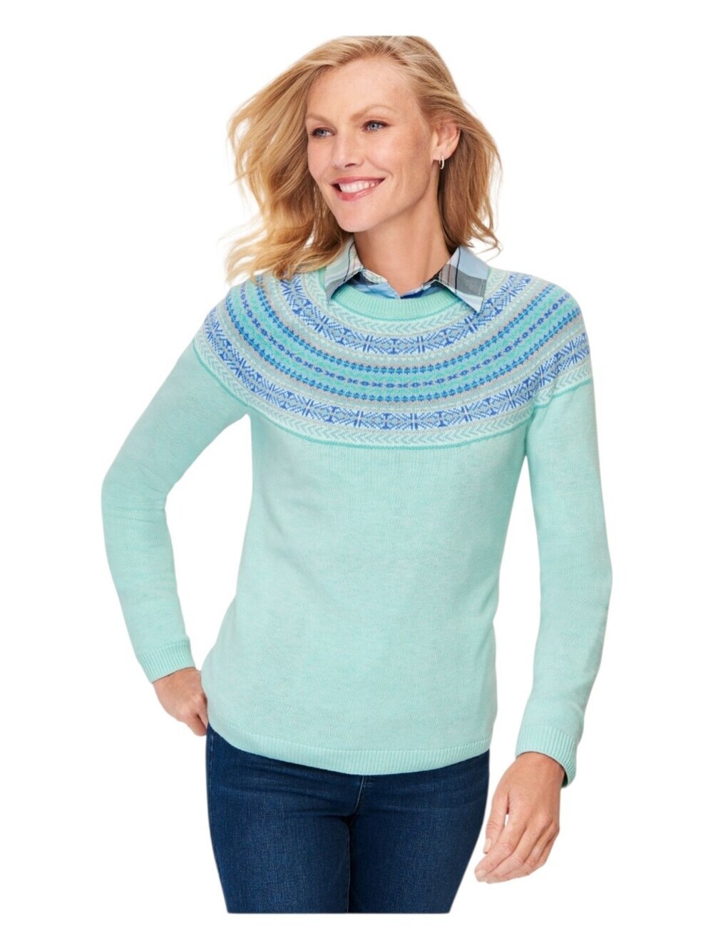 Talbots Womens Mint Green Lambs Wool Blend Fair Isle Yoke Sweater Medium